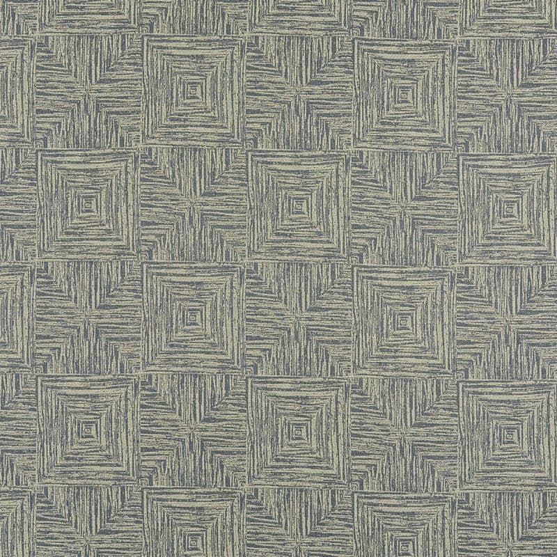 Textured wallpaper with nested concentric squares and striped quarter-squares — repeating in a tight grid — laid flat across a surface, muted blue-gray and beige tones, subtle optical depth.