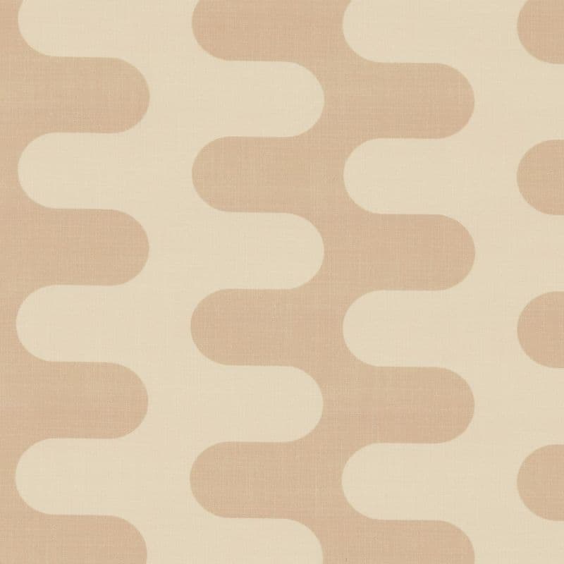 Beige-and-cream patterned wallpaper with large rounded interlocking wave motifs, repeating across a flat surface; alternating curved bands form a soft, mid-century retro look in a neutral close-up view.