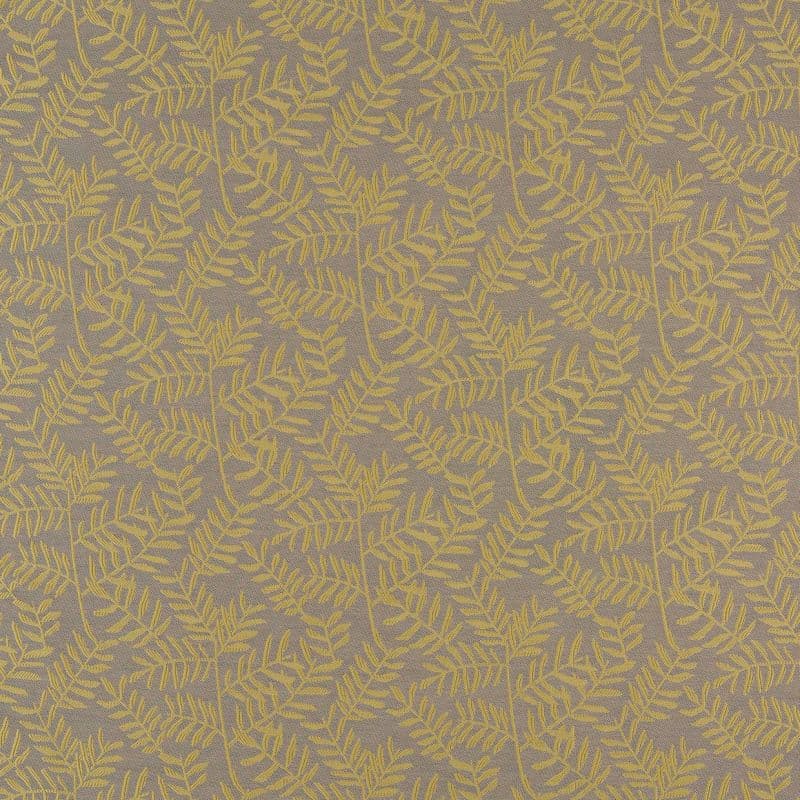 Yellow fern-branch patterned fabric covering the entire view, repeating embroidered motifs on a gray-beige textured background; close-up, evenly lit, decorative wallpaper or upholstery sample.