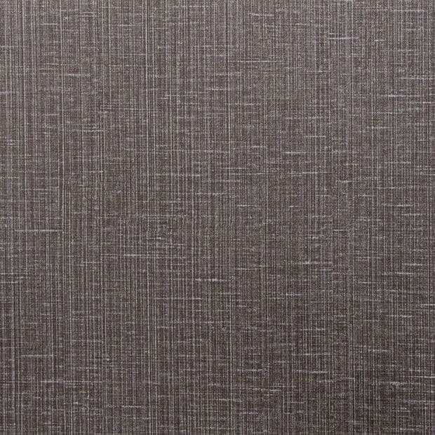 Brown-gray linen-textured wallpaper or upholstery fabric covering a surface, showing fine crosshatched weave and subtle horizontal threads; close-up, evenly lit, neutral interior context.