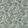 Green block-print botanical wallpaper: repeating ferns, leafy sprigs, flowers and pomegranate-like seed pods printed across a cream background, flat, vintage-style pattern suitable for wall or fabric.