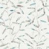 Watercolor bamboo leaves on thin stems—teal, green and brown—repeat and cover an off-white textured surface, serving as decorative wallpaper or fabric in soft, neutral tones.