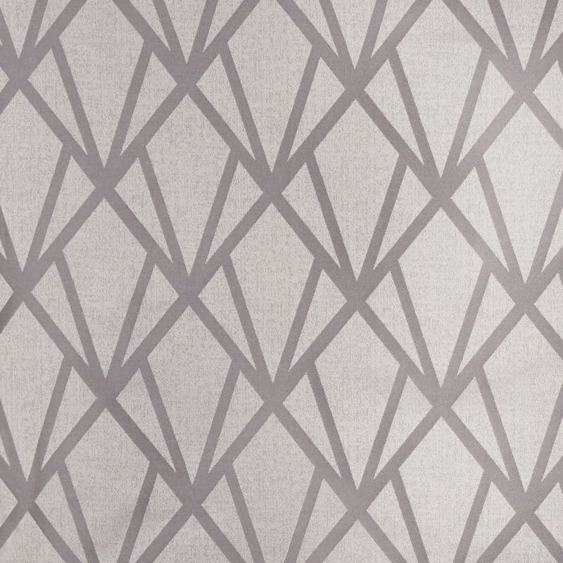 Textured wallpaper with overlapping angular taupe lattice lines repeating across a light gray surface, covering an interior wall in a close-up view under neutral lighting.