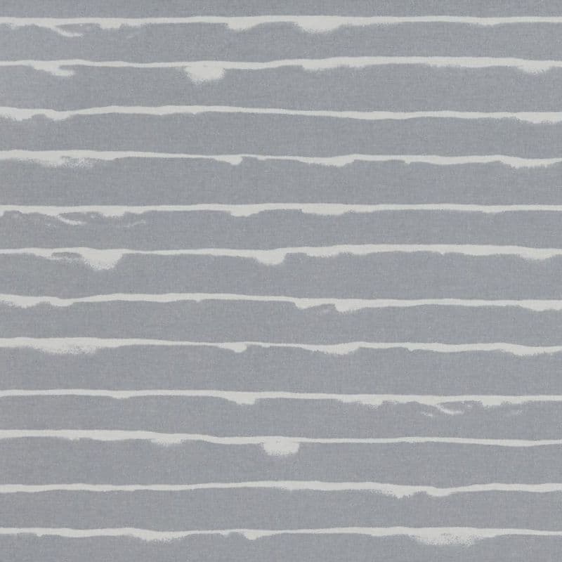 Wallpaper: irregular white horizontal bands run across a muted gray field, forming a repetitive, slightly textured pattern on a flat wall.