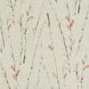 Linen-textured wallpaper covers a wall with repeating vertical watercolor stems, pale green leaves and blush buds, decorating a softly lit, neutral-toned interior.