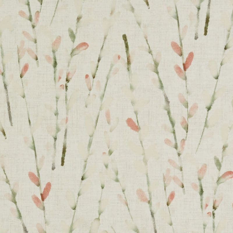 Linen-textured wallpaper covers a wall with repeating vertical watercolor stems, pale green leaves and blush buds, decorating a softly lit, neutral-toned interior.