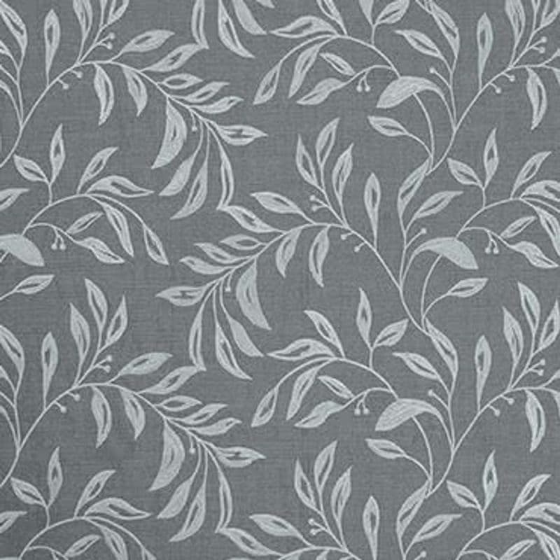 Grey wallpaper with pale, stylized leaf-and-vine pattern covers a flat surface, repeating across the frame; close-up indoor view with even lighting and no other room details.