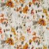 Watercolor floral fabric with orange, rust, pink and gray poppy-like blooms — printed in a repeating pattern — on a pale cream background, decorative textile or wallpaper sample.