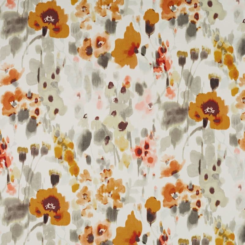 Watercolor floral fabric with orange, rust, pink and gray poppy-like blooms — printed in a repeating pattern — on a pale cream background, decorative textile or wallpaper sample.