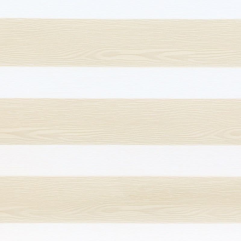 Dual-layer zebra roller blind with alternating beige wood-grain and translucent white horizontal bands, aligned to partially filter light and provide privacy, in a neutral, softly lit interior.