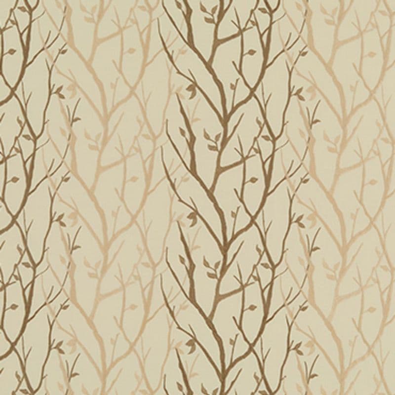 Beige wallpaper with a vertical, repeating bare-branch motif (dark and pale brown twigs with small leaves) covers the surface, creating a subtle, natural pattern suitable for a living room or hallway.
