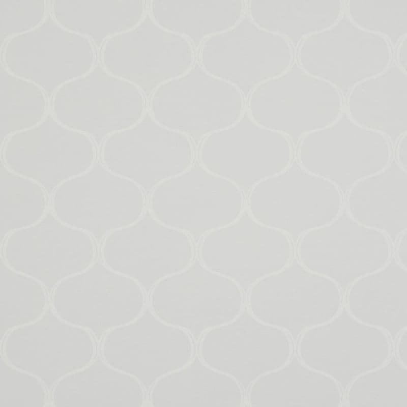 Pale gray wallpaper with a subtle white Moroccan trellis pattern; covering a wall with evenly repeating motifs, forming a soft, neutral backdrop under diffuse, even lighting.