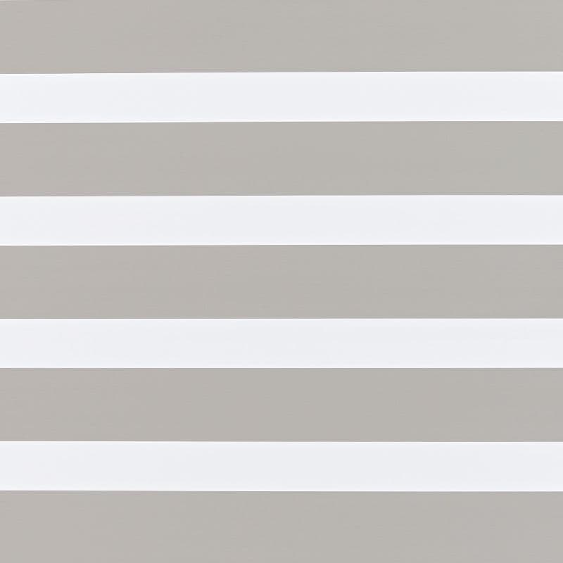 Zebra-style roller blind with alternating opaque taupe and translucent white horizontal bands; aligned to filter and diffuse light; fills a neutral interior window opening with even ambient lighting.
