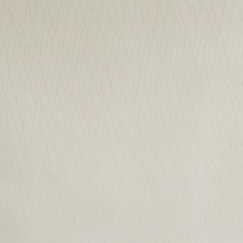 Beige textured wallpaper with fine, intersecting diagonal chevron lines, covering the wall and creating a subtle geometric pattern in soft, even interior lighting.