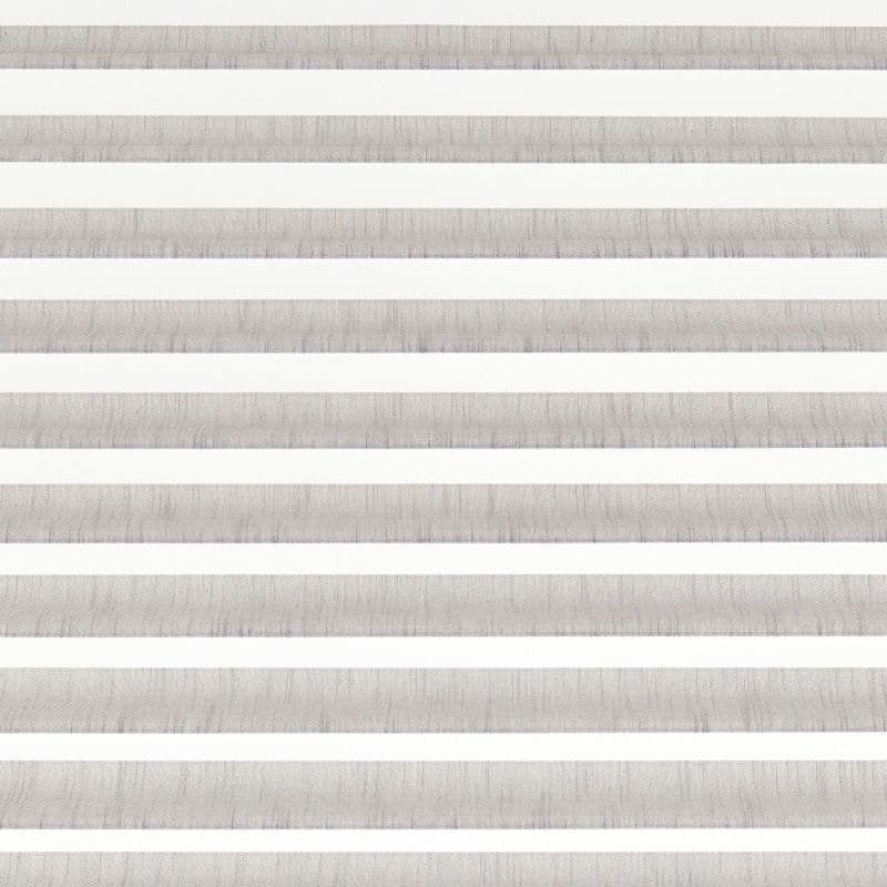 Horizontal zebra roller blind with alternating gray opaque and white sheer bands, aligned across the frame, filtering soft daylight in a neutral, evenly lit interior.