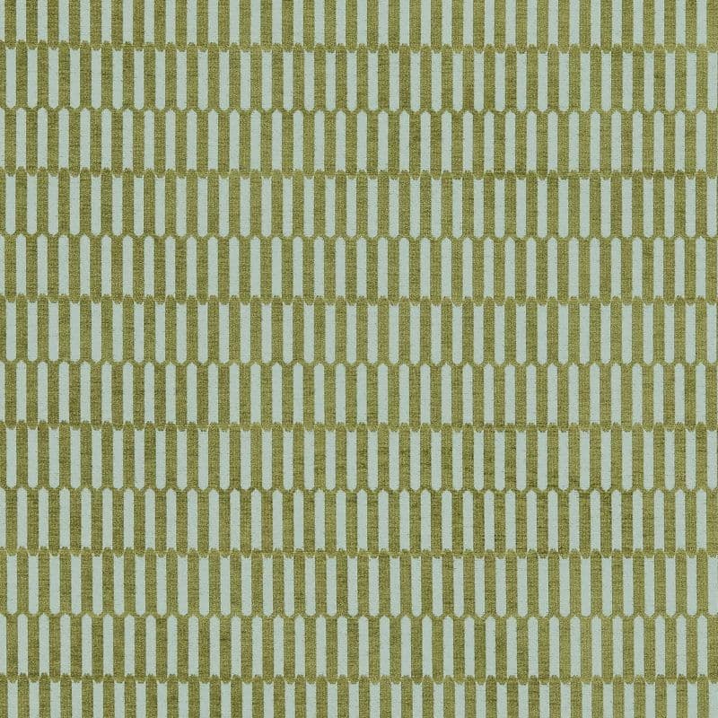 Wallpaper with narrow olive vertical rounded rectangles arranged in staggered rows; repeating geometric pattern. Pattern repeats across a flat, evenly lit pale blue-green surface.