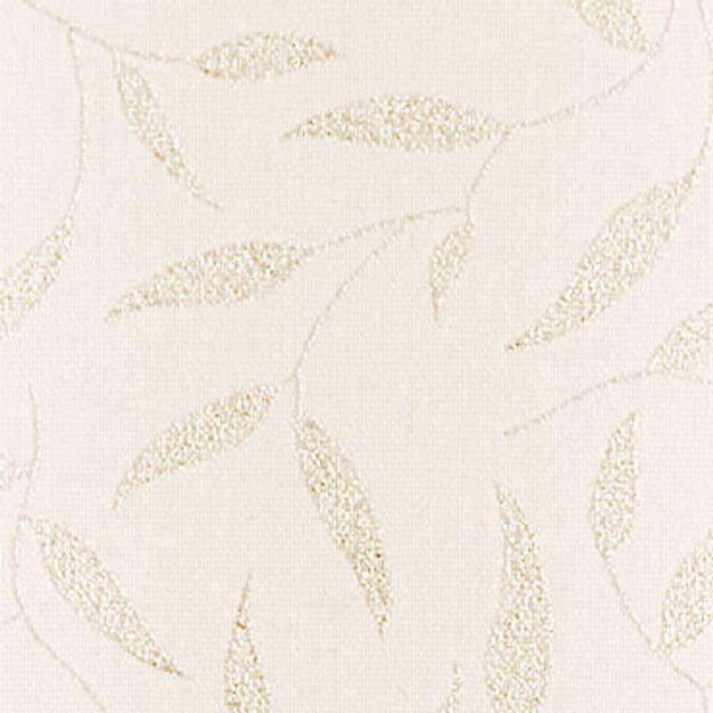 Beige fabric-effect wallpaper with scattered textured gold leaf silhouettes; covering a wall surface, subtly reflective highlights, neutral indoor lighting, decorative minimal botanical pattern.