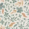 Floral pattern—stylized green and muted terracotta flowers and varied leaves scattered and interlocked, repeating across a light cream background, suggesting vintage botanical wallpaper.