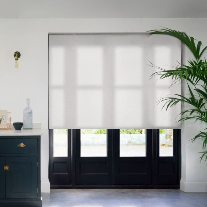 White translucent roller blind, lowered across tall black‑framed French doors, softly filtering daylight; surrounding minimalist entry/kitchen with a dark blue cabinet left, brass hardware, and a tall potted palm right.