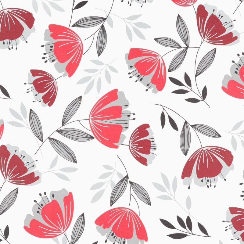 Repeating floral fabric/wallpaper with stylized red and gray blossoms and linear black-and-gray leaves, printed across the surface, on a flat white background with even lighting.