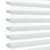 Layered horizontal zebra blind with alternating pale aqua translucent and opaque white fabric stripes, hanging lowered; filtering daylight and softly diffusing light in a bright, minimal indoor setting.
