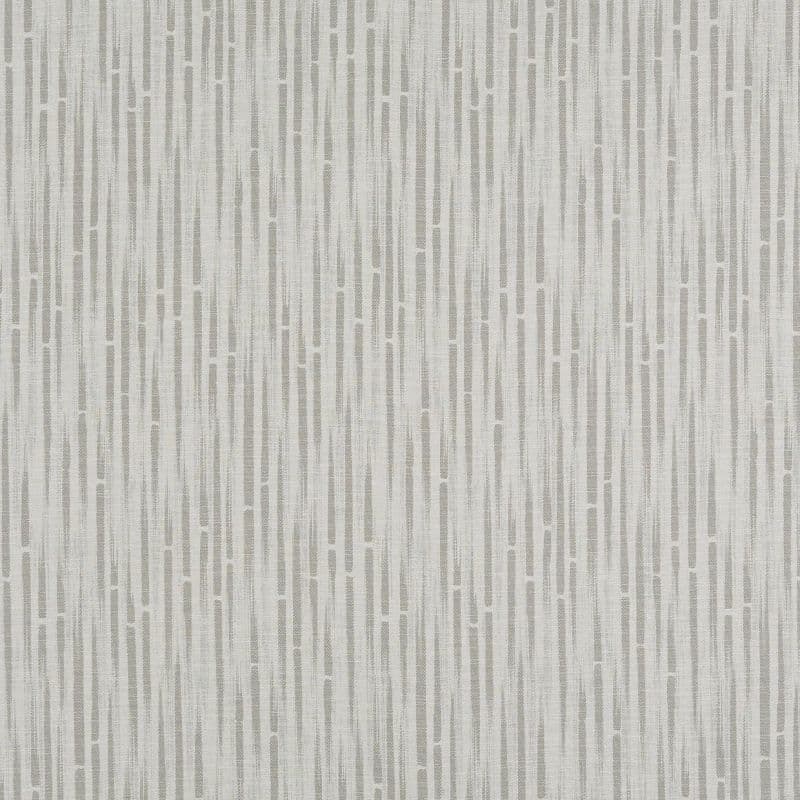 Textured wallpaper with narrow, rounded vertical bars in light gray, forming a regular, staggered stripe pattern; covering a wall surface, providing subtle, neutral, contemporary room accent under soft ambient light.