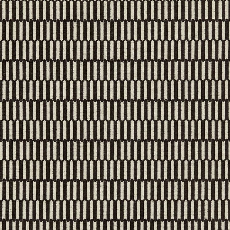 Woven textile with vertical dark-brown rounded-rectangle bars, arranged in tight repeating rows, covering a neutral beige background and creating a textured, geometric wallpaper/upholstery-like pattern.