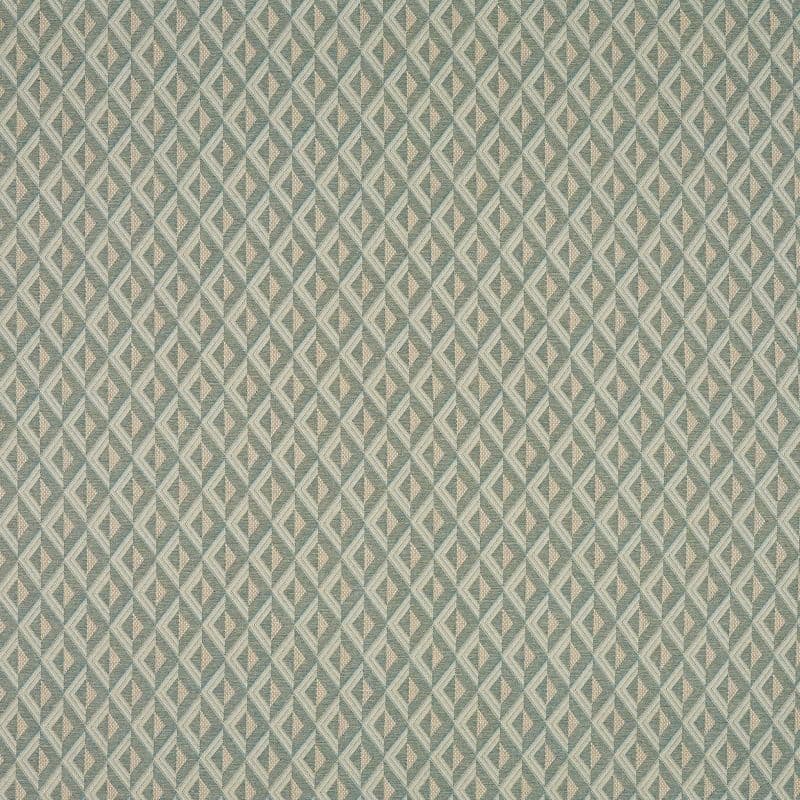 Woven geometric textile with small interlocking diamond lattice in muted green and beige; pattern repeats uniformly across a flat surface; close-up, even lighting, no visible surroundings.