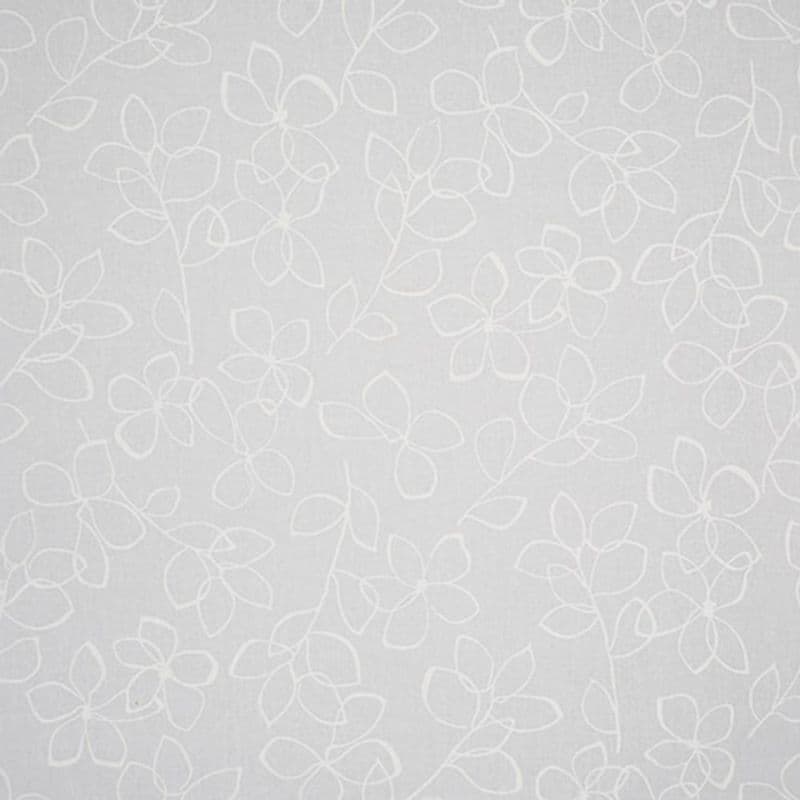 Light-gray fabric panel with delicate white outlined floral vines (curtain-like), covering the surface with a repeating pattern, evenly lit against a neutral background.