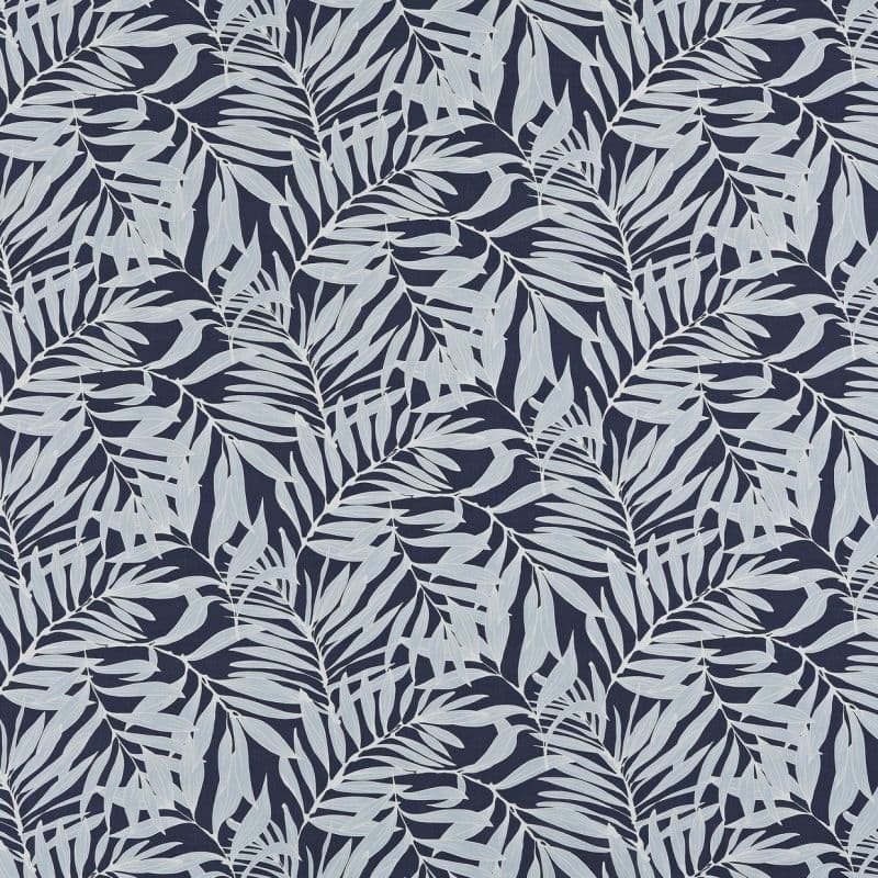 Wallpaper with pale-blue palm-leaf motifs — repeating pattern covering the surface — dark navy background, flat decorative wall or fabric showing layered tropical leaves under even lighting.