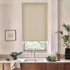 Beige roller blind covers upper portion of a kitchen window, filtering light above a stainless-steel sink; countertop holds bowl of greens, potted plants, towel, and wooden cabinets below.