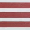Horizontal dual‑fabric blinds with wide maroon textured opaque bands alternating with translucent white bands; positioned lowered, blocking and diffusing light in an interior setting with no visible view.