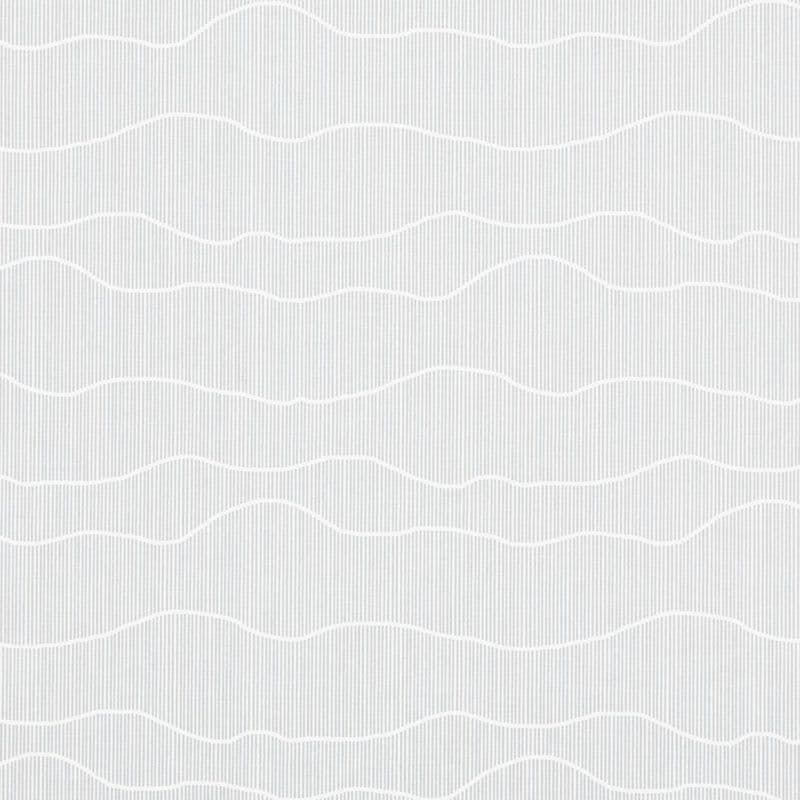 Wallpaper with narrow vertical gray pinstripes and broad white wavy horizontal bands, lying flat and static, forming a repeating, subtle textured pattern across a neutral, evenly lit surface.