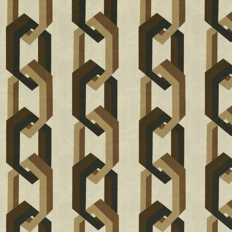 Geometric chain-patterned wallpaper, vertical linked octagonal bands in brown, tan and black; repeating columns form an interlocking motif across a beige background, shown flat under even light.