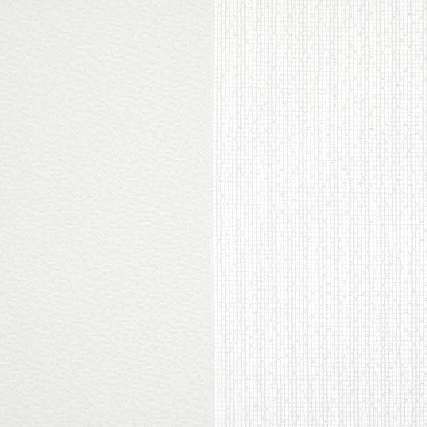 Two adjacent wallpaper panels—left smooth off-white, right white with a fine rectangular grid—meet at a central seam, displayed as sample swatches under soft, neutral lighting.