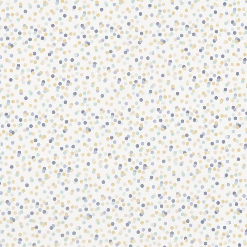 Small pastel watercolor dots (blue, beige, gray, mint) scattered across a white background, creating a subtle confetti-like wallpaper or fabric pattern with soft, irregular edges.