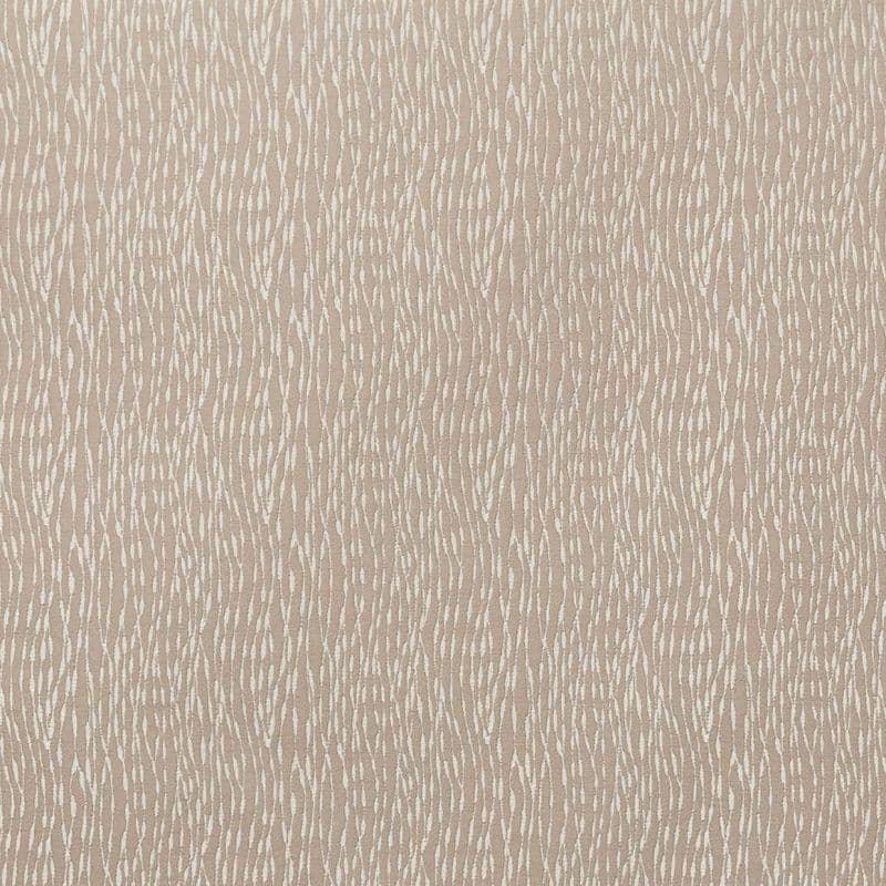 Beige fabric-like wallpaper with thin vertical white wavy streaks, covering a flat surface; pattern repeats uniformly, creating a subtle textured look suitable for interior walls under neutral, diffuse lighting.