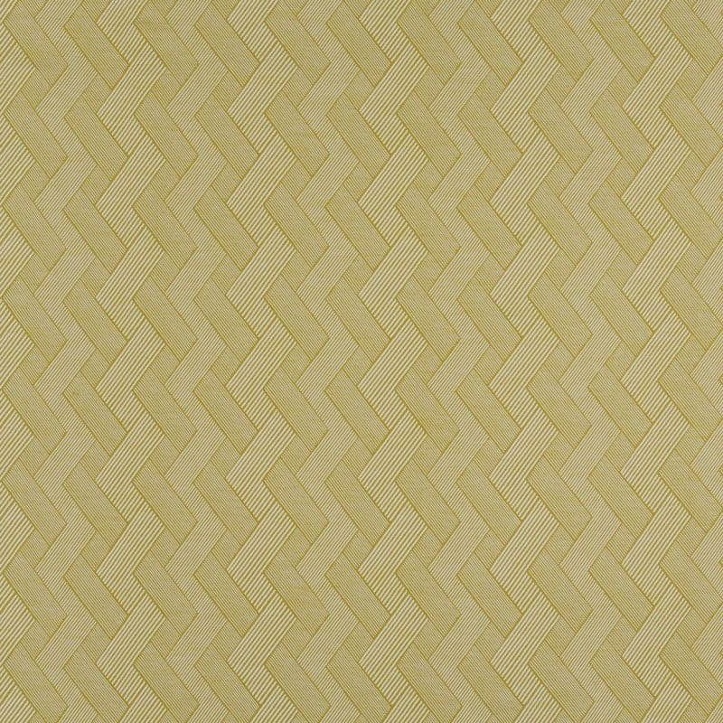 A mustard-yellow woven wallpaper with repeating herringbone zigzag pattern; covering a vertical surface, creating textured optical depth; close-up, evenly lit detail with subtle diagonal ribbing.