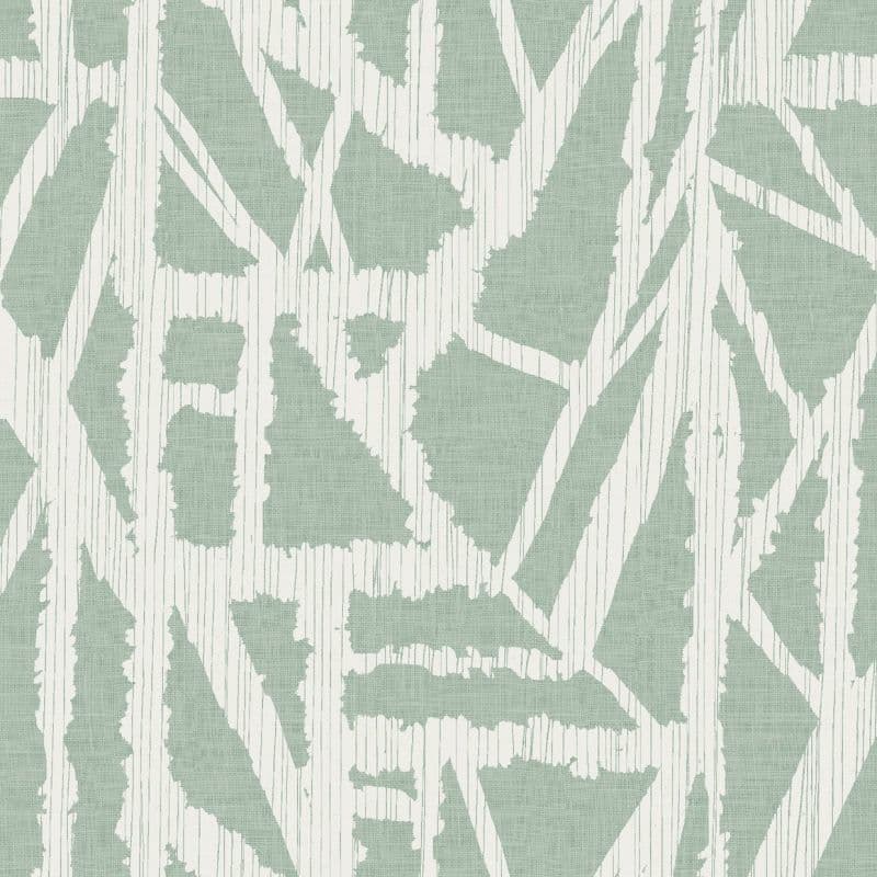 Mint-green textured wallpaper featuring irregular white, vertically striped geometric shards — repeating pattern covering a flat surface; close-up view, matte finish with a muted, neutral palette.