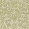Beige textured wallpaper with repeating muted green floral and grapevine damask motifs (large sunflowers, tulips, leaves), decorating a wall and creating a vintage ornamental background in soft, even lighting.