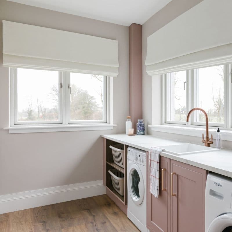 White Roman blinds, lowered and softly folded across two windows, filtering overcast daylight; laundry room countertop with pale‑pink cabinets, sink, washing machines, wooden floor and a view of bare trees.
Whirlpool