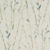Linen-textured wallpaper featuring vertical watercolor stems with small teardrop leaves in muted greens and blue-greys; repeating printed pattern on a neutral cream background, evoking soft, airy interior decor.