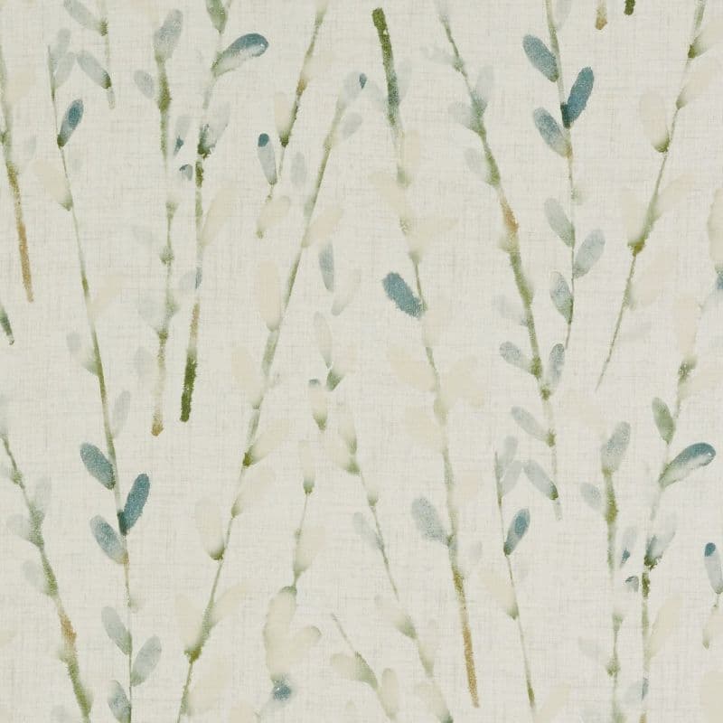 Linen-textured wallpaper featuring vertical watercolor stems with small teardrop leaves in muted greens and blue-greys; repeating printed pattern on a neutral cream background, evoking soft, airy interior decor.