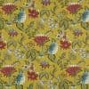 Mustard-yellow printed wallpaper patterned with stylized red, teal, and white blossoms, green leaves, and small butterflies; the repeating design covers the flat surface evenly, shown as a textile swatch.
