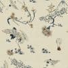 Patterned textile/wallpaper (cream) featuring embroidered-style cranes, blossoming branches, pine trees and a pagoda — cranes walking and flying across a repeating decorative motif in a soft, muted palette.
