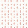 Coral-pink circular dots and elongated leaf-shaped marks repeat in vertical alternating columns across a textured off-white canvas, forming a regular minimalist polka-dot and leaf pattern resembling wallpaper.