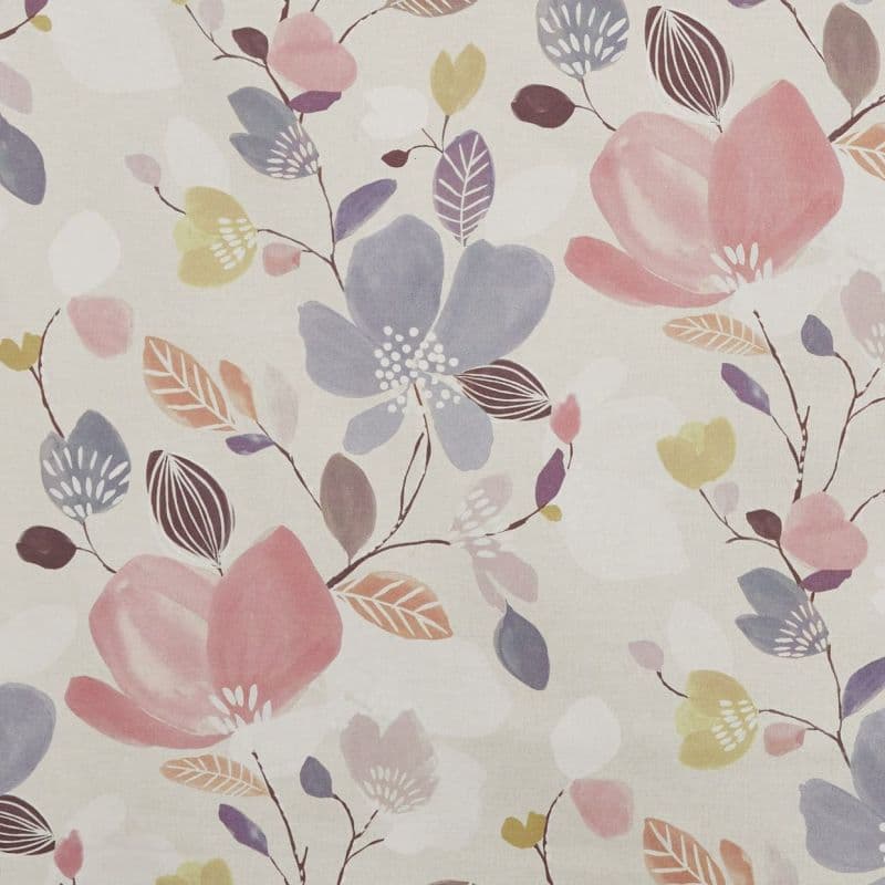 Wallpaper printed with large watercolor-style flowers and delicate leafed stems; blossoms in pastel pinks, blues, and yellows; soft cream background, muted tones, close-up, even lighting.