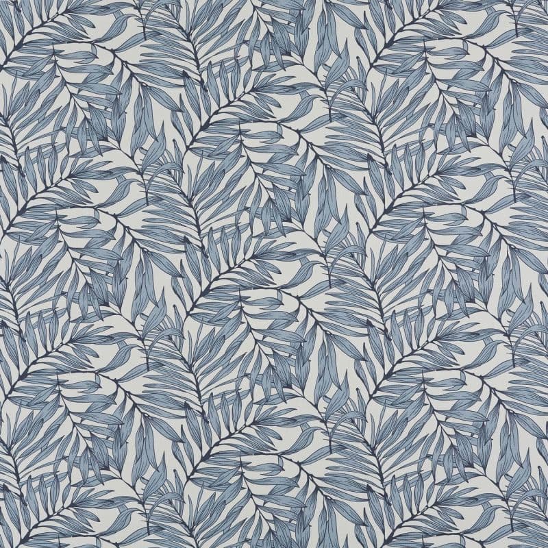 Wallpaper featuring overlapping hand-drawn blue palm leaves; repeating pattern covers the entire flat surface, set against a light neutral background with even, diffuse lighting.