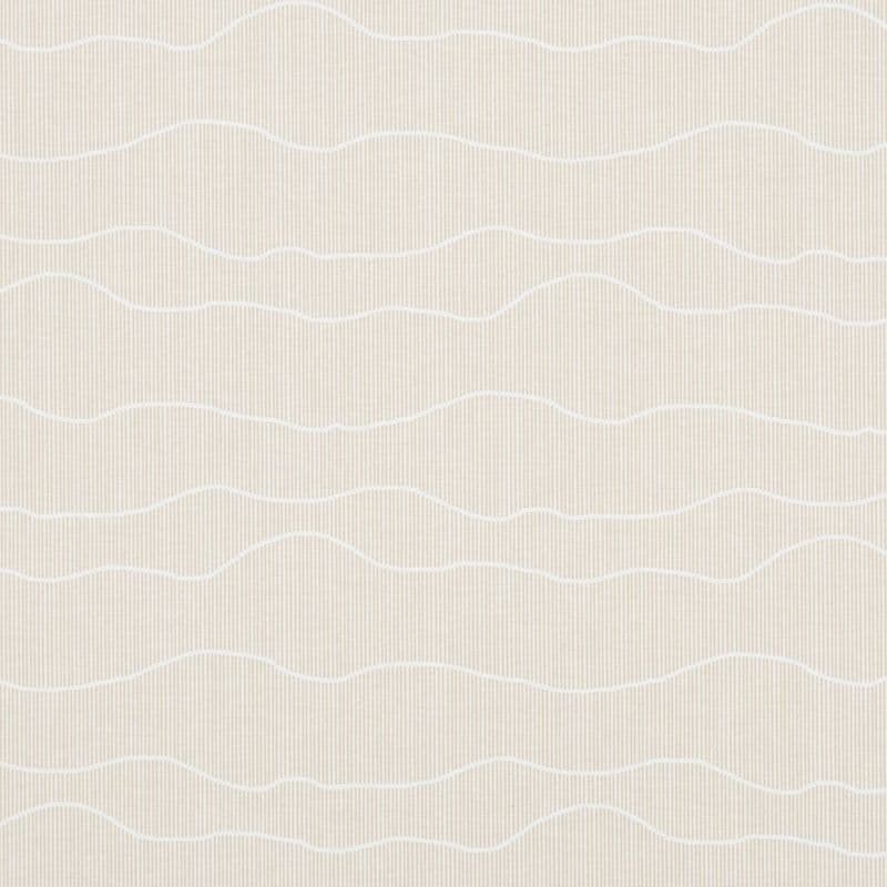 Beige wallpaper with fine vertical pinstripes and irregular white wavy horizontal lines; lying flat as a continuous pattern; softly lit neutral interior wall backdrop.