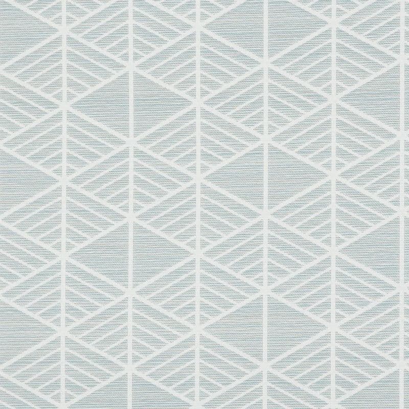Geometric wallpaper swatch, flat and close-up; pale blue-gray and white diamond lattice with diagonal hatch lines repeating across the surface, shown under even, diffuse lighting.